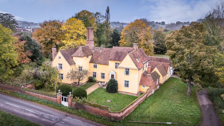 An aerial view of Thorington Hall and its walled southern garden, Suffolk